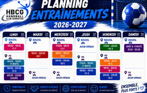 Créneaux d'entraînements 2026 / 2027